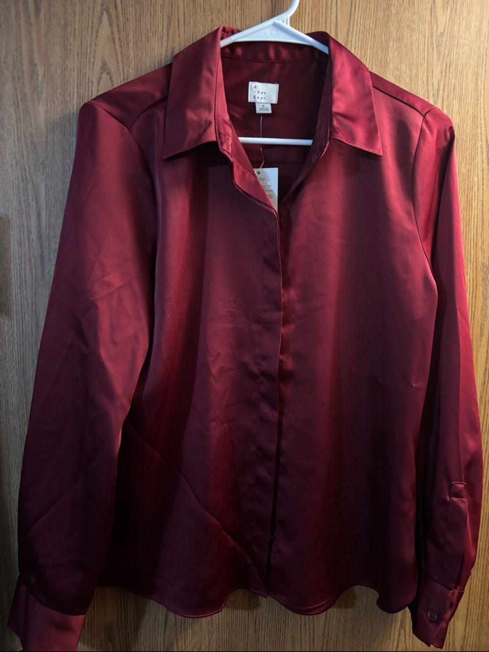 a new day Satin Button-Down Shirt in Burgundy